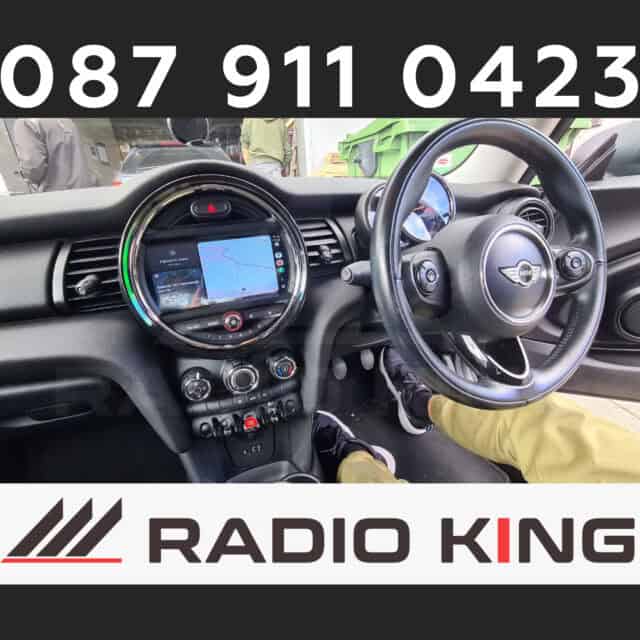 087 911 0423, Mini Cooper dashboard with Android car radio and CarPlay system, in-car entertainment, contact Radio King Ireland for car audio upgrades, professional installation and support.