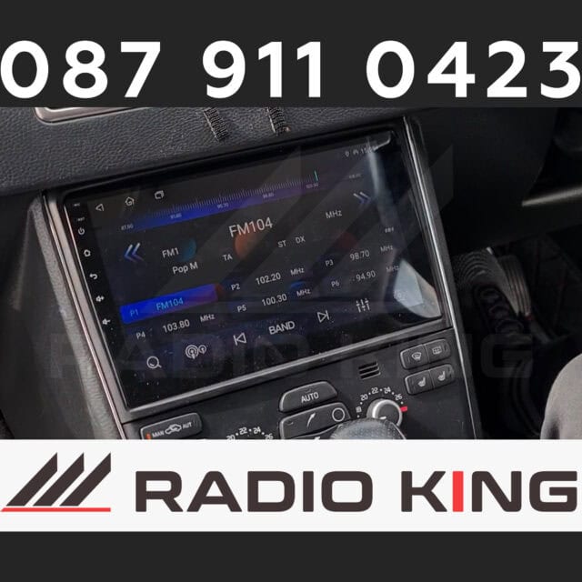 FM car radio display on a touchscreen with radio station settings.