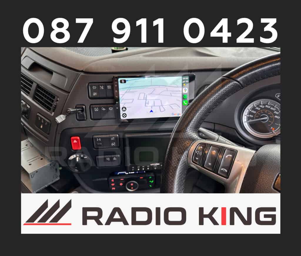 087 911 0423, Android car radio with CarPlay system installed in a vehicle dashboard.